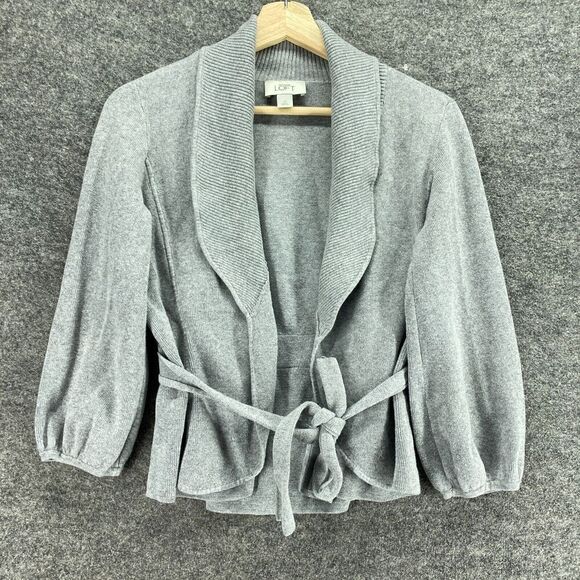 Loft Cardigan Women S Small Gray Knit Collared Open Front Belted Long Sleeve - Picture 1 of 9
